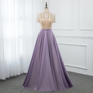Vintage Retro Lavender Satin See Through Evening Dresses 2019 A Line Princess High Neck Short Sleeve Beading Floor Length Long Ruffle Formal Dresses