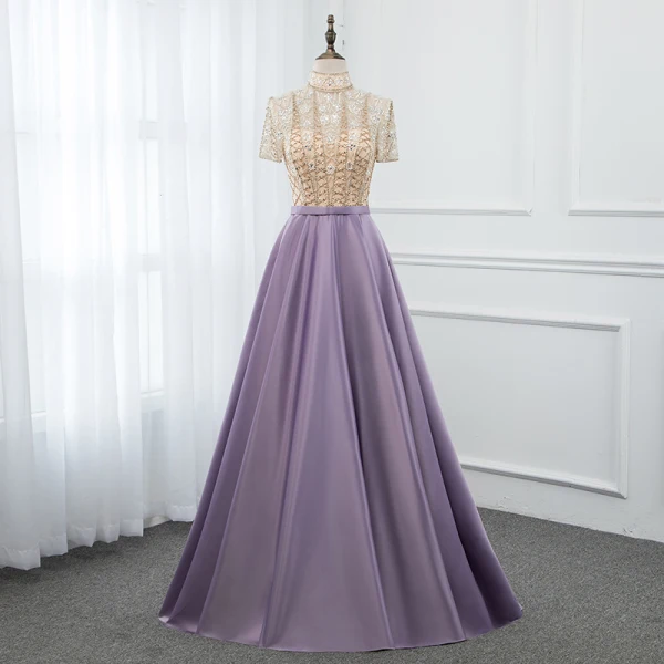 Vintage / Originale Lavande Satin Transparentes Robe De Soirée 2019 Princesse Col Haut Manches Courtes Perlage Longue Volants Robe De Ceremonie