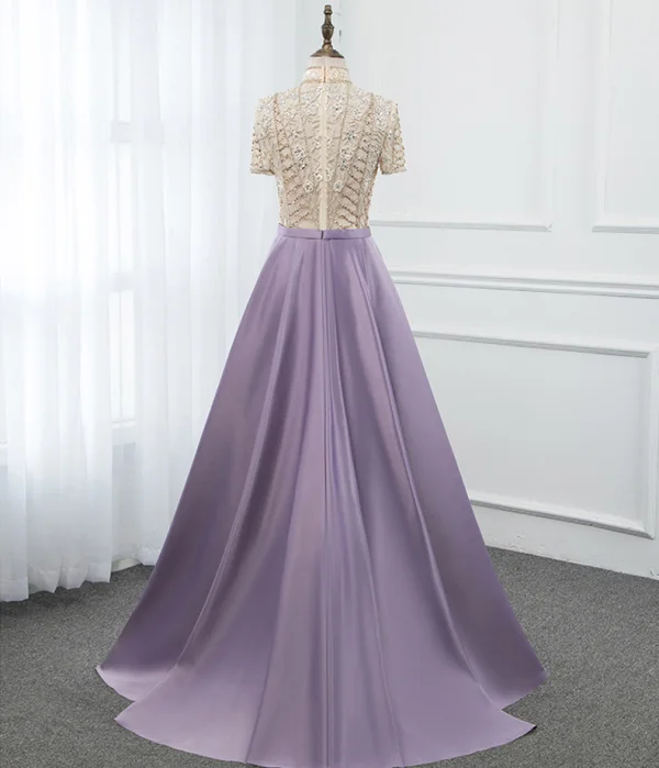 Vintage / Originale Lavande Satin Transparentes Robe De Soirée 2019 Princesse Col Haut Manches Courtes Perlage Longue Volants Robe De Ceremonie