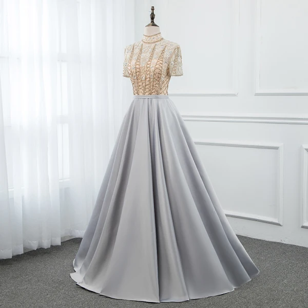Vintage / Originale Lavande Satin Transparentes Robe De Soirée 2019 Princesse Col Haut Manches Courtes Perlage Longue Volants Robe De Ceremonie