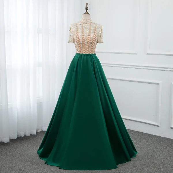 Vintage / Originale Lavande Satin Transparentes Robe De Soirée 2019 Princesse Col Haut Manches Courtes Perlage Longue Volants Robe De Ceremonie
