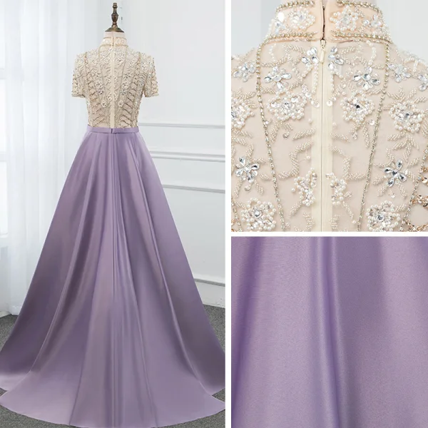 Vintage / Originale Lavande Satin Transparentes Robe De Soirée 2019 Princesse Col Haut Manches Courtes Perlage Longue Volants Robe De Ceremonie
