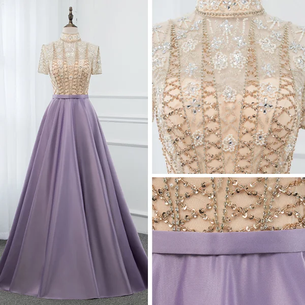 Vintage / Originale Lavande Satin Transparentes Robe De Soirée 2019 Princesse Col Haut Manches Courtes Perlage Longue Volants Robe De Ceremonie