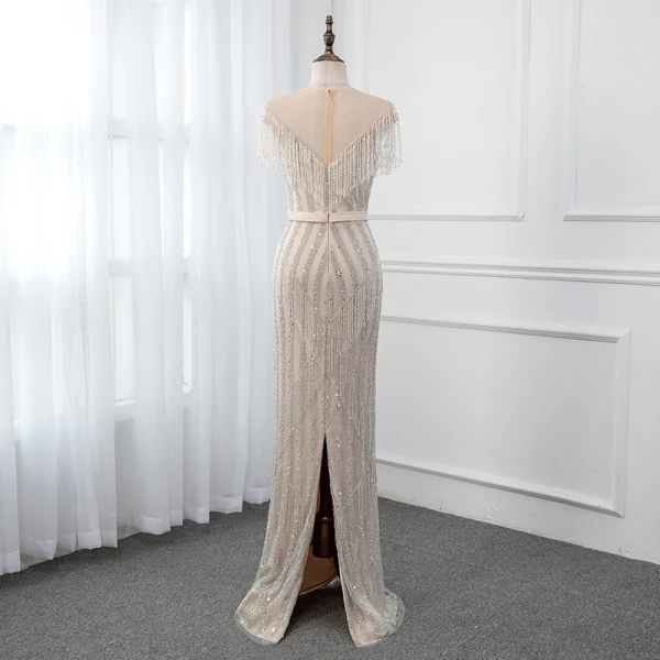 High-end Champagne See-through Evening Dresses  2019 Trumpet / Mermaid Scoop Neck Sleeveless Sash Beading Tassel Floor-Length / Long Ruffle Formal Dresses