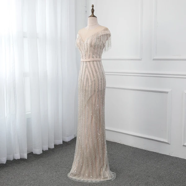 High-end Champagne See-through Evening Dresses  2019 Trumpet / Mermaid Scoop Neck Sleeveless Sash Beading Tassel Floor-Length / Long Ruffle Formal Dresses