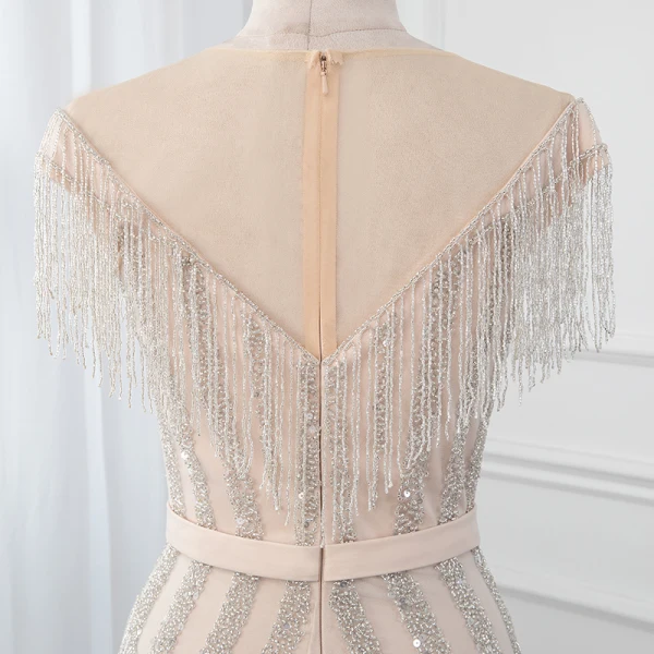 High-end Champagne See-through Evening Dresses  2019 Trumpet / Mermaid Scoop Neck Sleeveless Sash Beading Tassel Floor-Length / Long Ruffle Formal Dresses