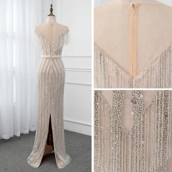 High-end Champagne See-through Evening Dresses  2019 Trumpet / Mermaid Scoop Neck Sleeveless Sash Beading Tassel Floor-Length / Long Ruffle Formal Dresses