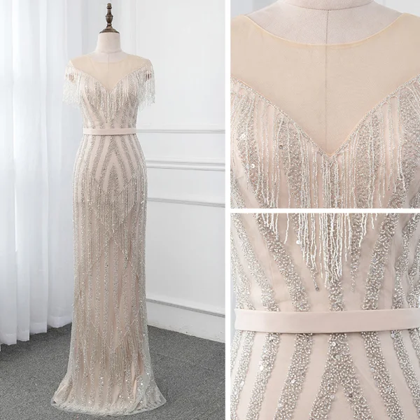 High-end Champagne See-through Evening Dresses  2019 Trumpet / Mermaid Scoop Neck Sleeveless Sash Beading Tassel Floor-Length / Long Ruffle Formal Dresses