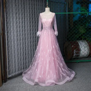 Fabulous Blushing Pink See Through Evening Dresses 2019 A Line Princess Scoop Neck 3 4 Sleeve Feather Handmade Beading Floor Length Long Ruffle Formal Dresses