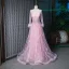 Fabuleux Rougissant Rose Transparentes Robe De Soirée 2019 Princesse Encolure Dégagée 3/4 Manches Plumes Fait main Perlage Longue Volants Robe De Ceremonie