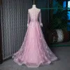 Fabulous Blushing Pink See-through Evening Dresses  2019 A-Line / Princess Scoop Neck 3/4 Sleeve Feather Handmade  Beading Floor-Length / Long Ruffle Formal Dresses