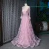 Fabulous Blushing Pink See-through Evening Dresses  2019 A-Line / Princess Scoop Neck 3/4 Sleeve Feather Handmade  Beading Floor-Length / Long Ruffle Formal Dresses
