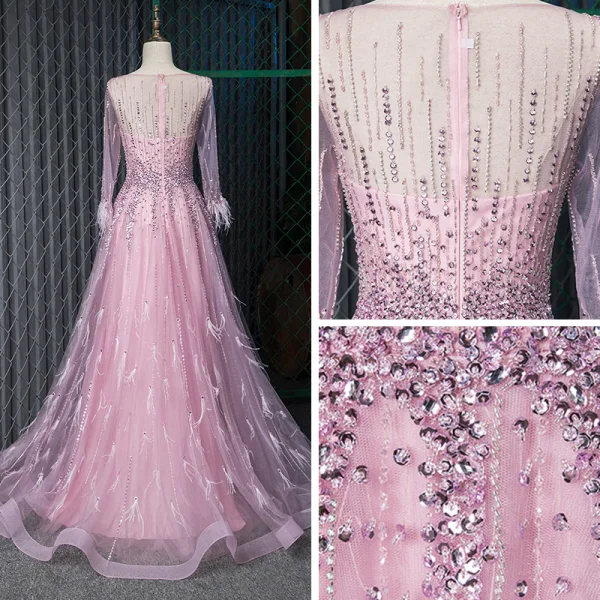 Fabuleux Rougissant Rose Transparentes Robe De Soirée 2019 Princesse Encolure Dégagée 3/4 Manches Plumes Fait main Perlage Longue Volants Robe De Ceremonie