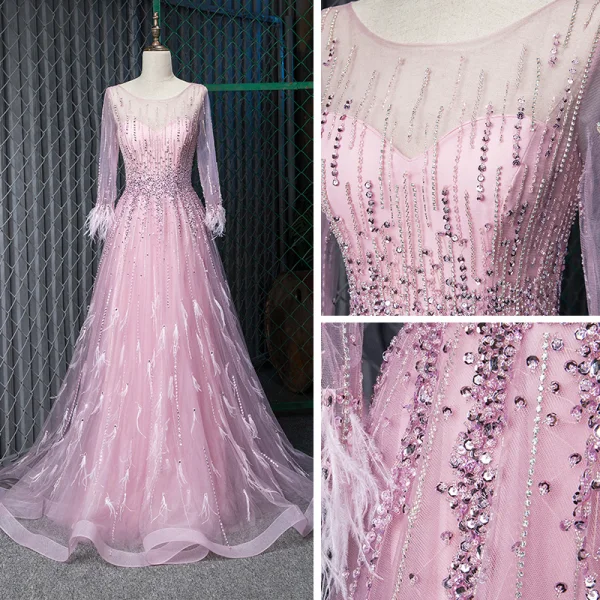 Fabuleux Rougissant Rose Transparentes Robe De Soirée 2019 Princesse Encolure Dégagée 3/4 Manches Plumes Fait main Perlage Longue Volants Robe De Ceremonie
