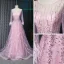 Fabuleux Rougissant Rose Transparentes Robe De Soirée 2019 Princesse Encolure Dégagée 3/4 Manches Plumes Fait main Perlage Longue Volants Robe De Ceremonie