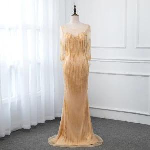 Luxe Doré Transparentes Robe De Soirée 2019 Trompette Sirène Encolure Dégagée 3 4 Manches Perlage Gland Longue Robe De Ceremonie