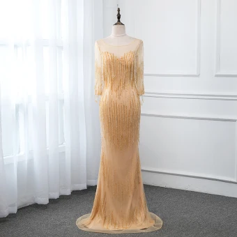 Luxe Doré Transparentes Robe De Soirée 2019 Trompette Sirène Encolure Dégagée 3 4 Manches Perlage Gland Longue Robe De Ceremonie