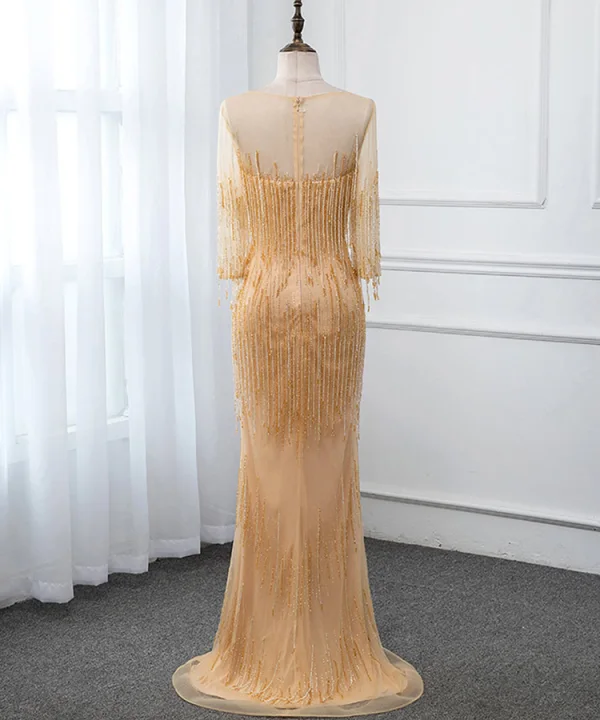 Luxury / Gorgeous Gold See-through Evening Dresses 2019 Trumpet / Mermaid Scoop Neck 3/4 Sleeve Beading Tassel Floor-Length / Long Formal Dresses