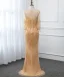 Luxury / Gorgeous Gold See-through Evening Dresses  2019 Trumpet / Mermaid Scoop Neck 3/4 Sleeve Beading Tassel Floor-Length / Long Formal Dresses
