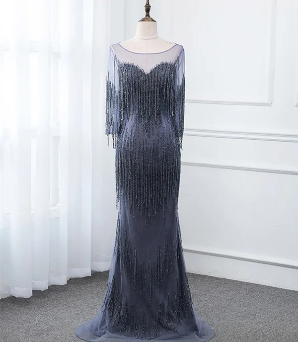 Luxury / Gorgeous Gold See-through Evening Dresses 2019 Trumpet / Mermaid Scoop Neck 3/4 Sleeve Beading Tassel Floor-Length / Long Formal Dresses