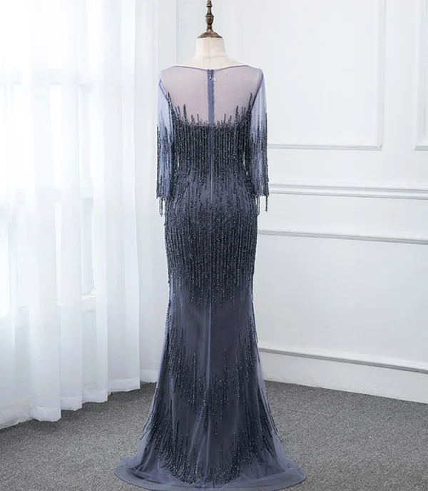 Luxury / Gorgeous Gold See-through Evening Dresses 2019 Trumpet / Mermaid Scoop Neck 3/4 Sleeve Beading Tassel Floor-Length / Long Formal Dresses