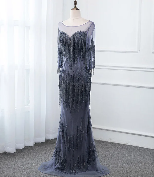Luxury / Gorgeous Gold See-through Evening Dresses 2019 Trumpet / Mermaid Scoop Neck 3/4 Sleeve Beading Tassel Floor-Length / Long Formal Dresses
