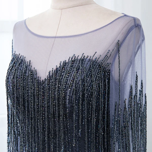 Luxury / Gorgeous Gold See-through Evening Dresses 2019 Trumpet / Mermaid Scoop Neck 3/4 Sleeve Beading Tassel Floor-Length / Long Formal Dresses