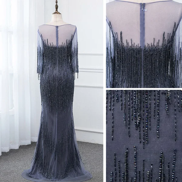 Luxury / Gorgeous Gold See-through Evening Dresses 2019 Trumpet / Mermaid Scoop Neck 3/4 Sleeve Beading Tassel Floor-Length / Long Formal Dresses