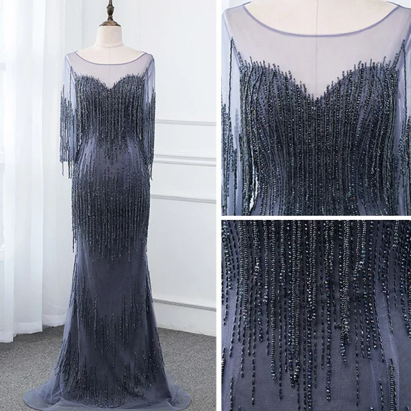 Luxury / Gorgeous Gold See-through Evening Dresses 2019 Trumpet / Mermaid Scoop Neck 3/4 Sleeve Beading Tassel Floor-Length / Long Formal Dresses