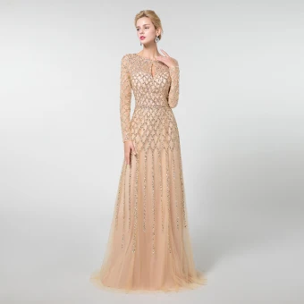 Haut De Gamme Champagne Robe De Soirée 2019 Princesse Encolure Dégagée Manches Longues Fait Main Perlage Longue Robe De Ceremonie