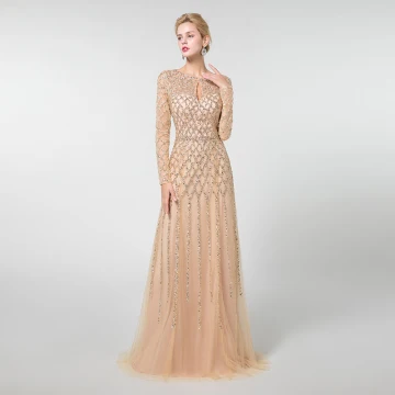 Haut De Gamme Champagne Robe De Soirée 2019 Princesse Encolure Dégagée Manches Longues Fait Main Perlage Longue Robe De Ceremonie