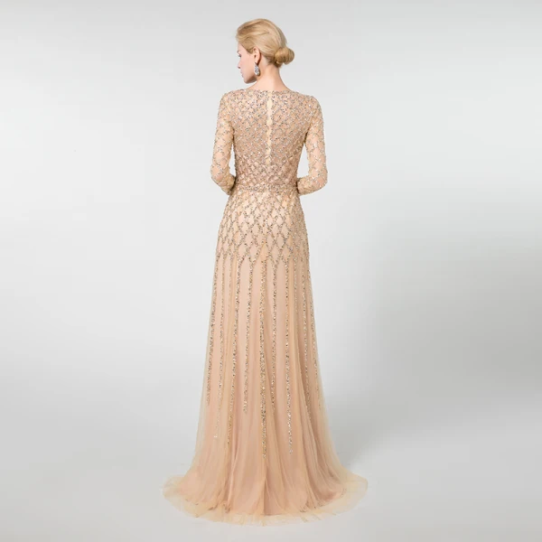 High-end Champagne Evening Dresses 2019 A-Line / Princess Scoop Neck Long Sleeve Handmade Beading Floor-Length / Long Formal Dresses