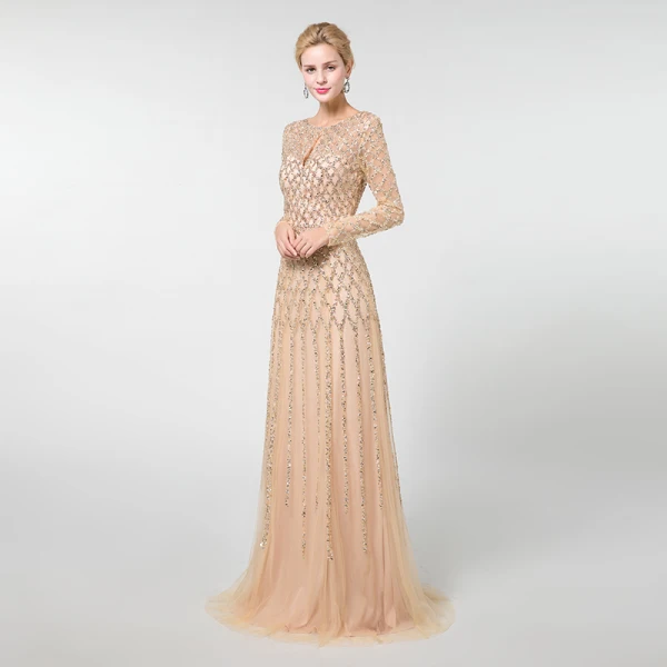 High-end Champagne Evening Dresses 2019 A-Line / Princess Scoop Neck Long Sleeve Handmade Beading Floor-Length / Long Formal Dresses