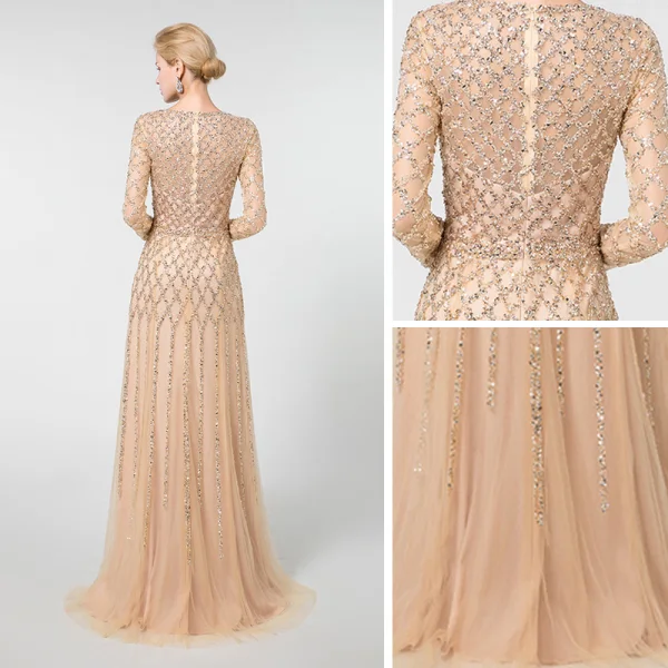 High-end Champagne Evening Dresses 2019 A-Line / Princess Scoop Neck Long Sleeve Handmade Beading Floor-Length / Long Formal Dresses