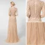 High-end Champagne Evening Dresses  2019 A-Line / Princess Scoop Neck Long Sleeve Handmade  Beading Floor-Length / Long Formal Dresses