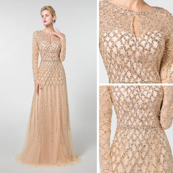 High-end Champagne Evening Dresses 2019 A-Line / Princess Scoop Neck Long Sleeve Handmade Beading Floor-Length / Long Formal Dresses