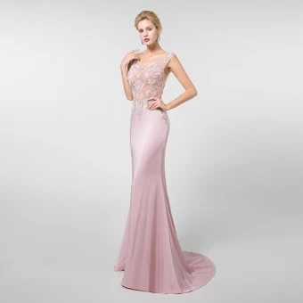 Illusion Candy Pink See Through Evening Dresses 2019 Trumpet Mermaid U Neck Sleeveless Beading Sweep Train Formal Dresses