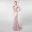 Illusion Rose Bonbon Transparentes Robe De Soirée 2019 Trompette / Sirène U-Cou Sans Manches Perlage Train De Balayage Robe De Ceremonie