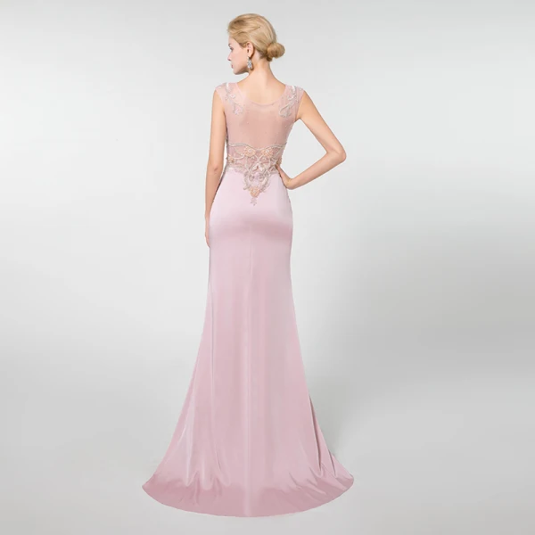 Illusion Rose Bonbon Transparentes Robe De Soirée 2019 Trompette / Sirène U-Cou Sans Manches Perlage Train De Balayage Robe De Ceremonie