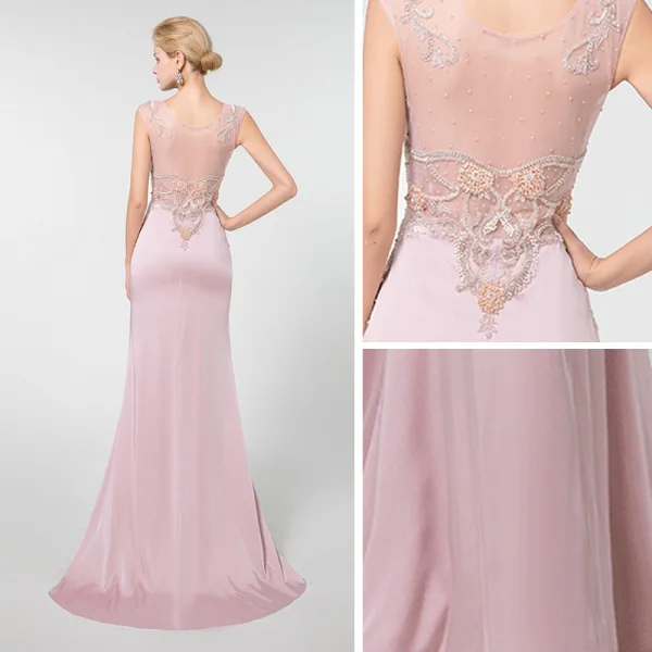 Illusion Rose Bonbon Transparentes Robe De Soirée 2019 Trompette / Sirène U-Cou Sans Manches Perlage Train De Balayage Robe De Ceremonie