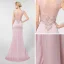 Illusion Rose Bonbon Transparentes Robe De Soirée 2019 Trompette / Sirène U-Cou Sans Manches Perlage Train De Balayage Robe De Ceremonie