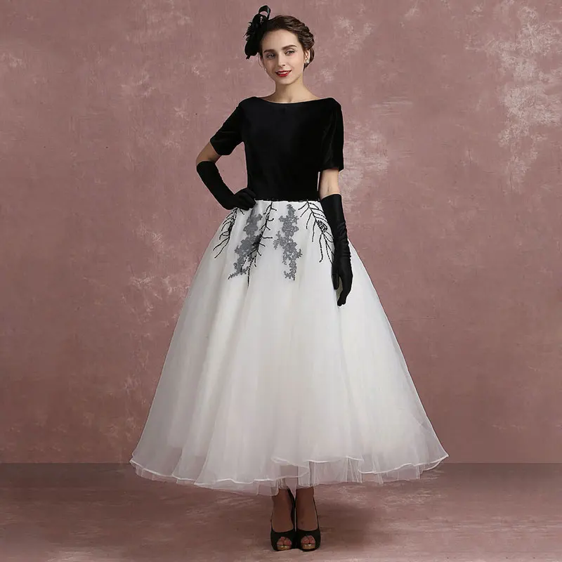 Vintage Black White Prom Dresses 2018 Ball Gown Square Neckline Short  Sleeve Sequins Ankle Length Backless