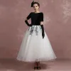 Vintage Black White Prom Dresses 2018 Ball Gown Square Neckline Short Sleeve Sequins Ankle Length Backless Formal Dresses