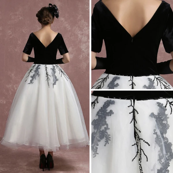 Vintage / Originale Noire Blanche Robe De Bal 2018 Robe Boule Encolure Carrée Manches Courtes Paillettes Longueur Cheville Dos Nu Robe De Ceremonie
