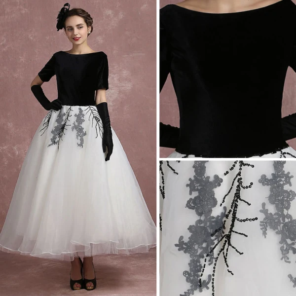 Vintage / Originale Noire Blanche Robe De Bal 2018 Robe Boule Encolure Carrée Manches Courtes Paillettes Longueur Cheville Dos Nu Robe De Ceremonie