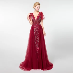 Élégant Bordeaux Robe De Soirée 2019 Princesse Col V Profond Manches Courtes Fait Main Perlage Train De Balayage Volants Dos Nu Robe De Ceremonie