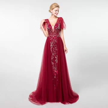 Élégant Bordeaux Robe De Soirée 2019 Princesse Col V Profond Manches Courtes Fait Main Perlage Train De Balayage Volants Dos Nu Robe De Ceremonie