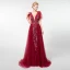 Elegant Burgundy Evening Dresses  2019 A-Line / Princess Deep V-Neck Short Sleeve Handmade  Beading Sweep Train Ruffle Backless Formal Dresses