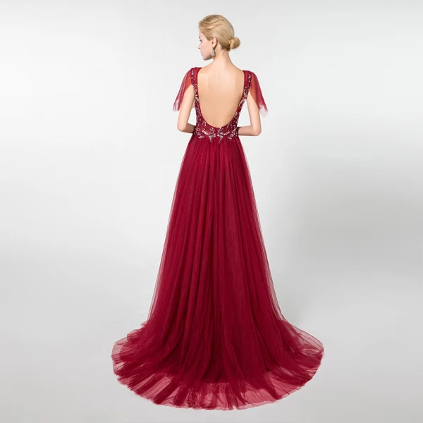 Elegant Burgundy Evening Dresses 2019 A-Line / Princess Deep V-Neck Short Sleeve Handmade Beading Sweep Train Ruffle Backless Formal Dresses