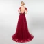 Elegant Burgundy Evening Dresses  2019 A-Line / Princess Deep V-Neck Short Sleeve Handmade  Beading Sweep Train Ruffle Backless Formal Dresses
